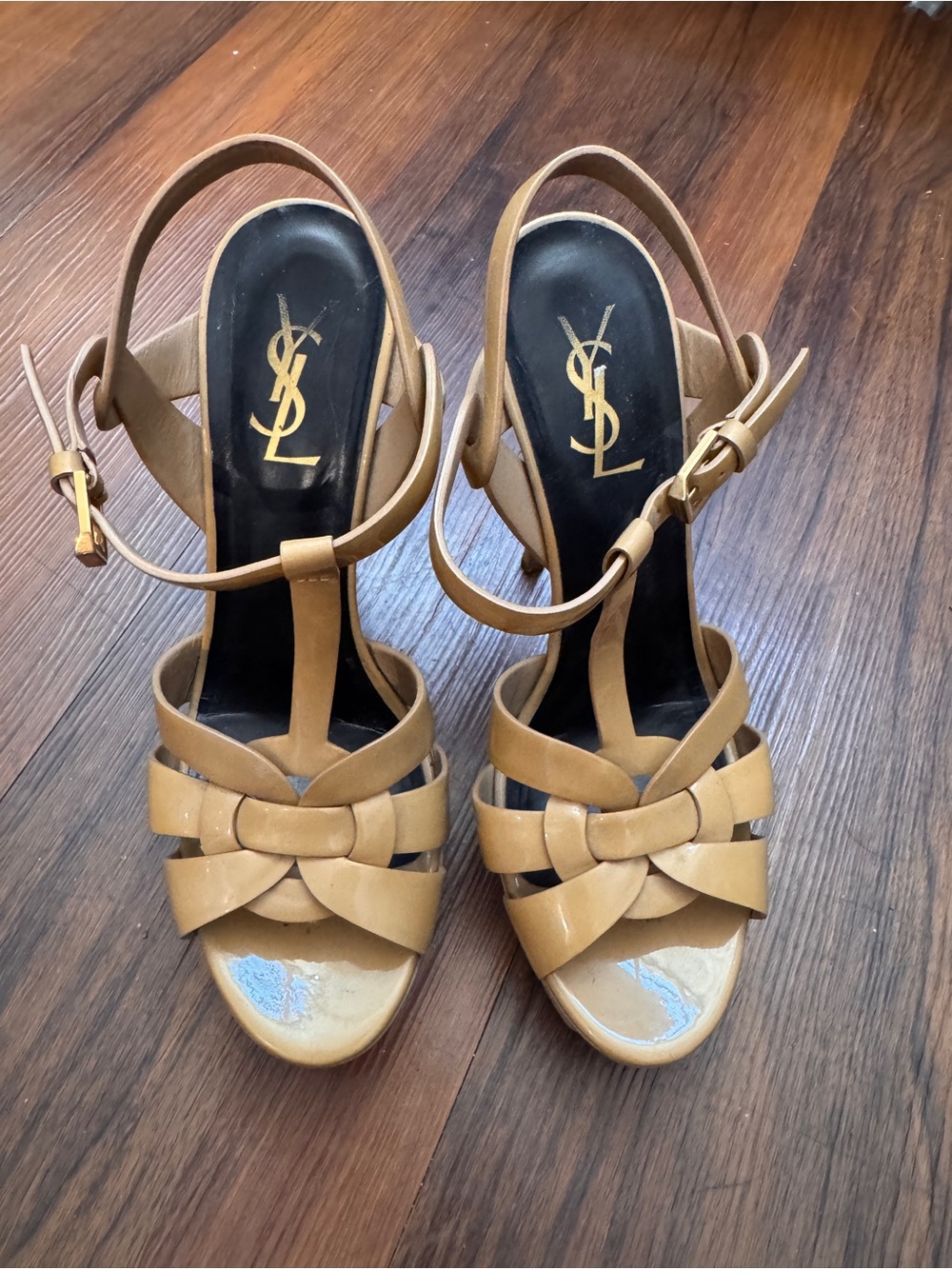YSL Tribute Nude Patent Leather Platform Sandals Heels 38.5